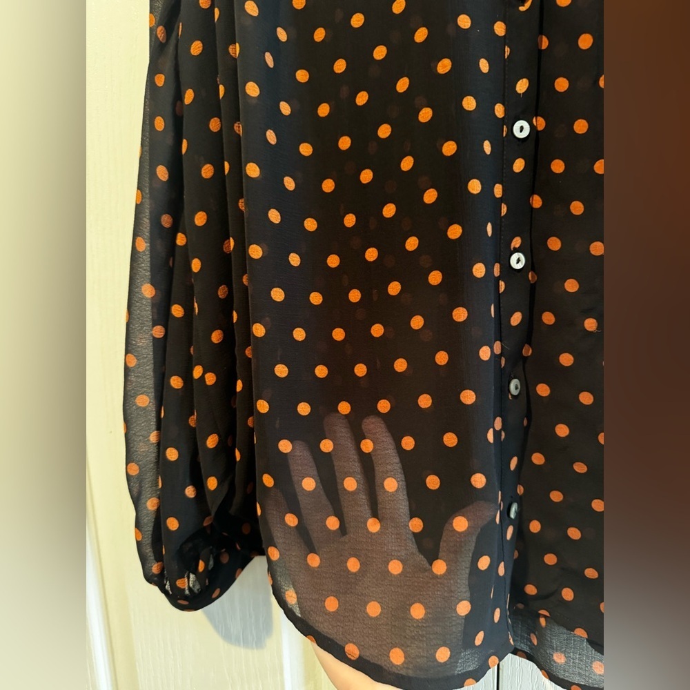 Free People Ciara Black with Orange Polka Dot Button Down Blouse - Size L - Picture 4 of 8